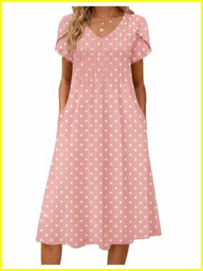 Womens Summer Midi A-Line Dress V-Neck Short Sleeve Pleated Flowy with Pockets